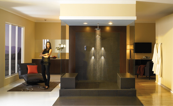 woman standing next to luxury shower