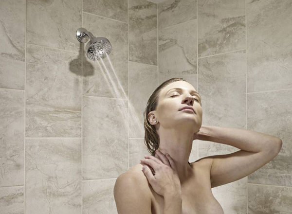 woman thinking in shower