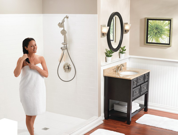 Woman stepping out of shower