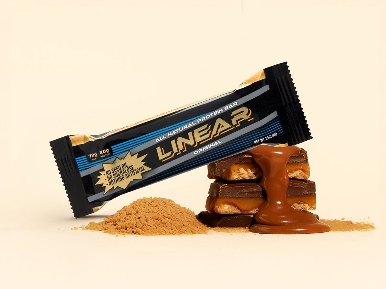 Linear bar in a wrapped leaning against a stack of Linear bar unwrapped.