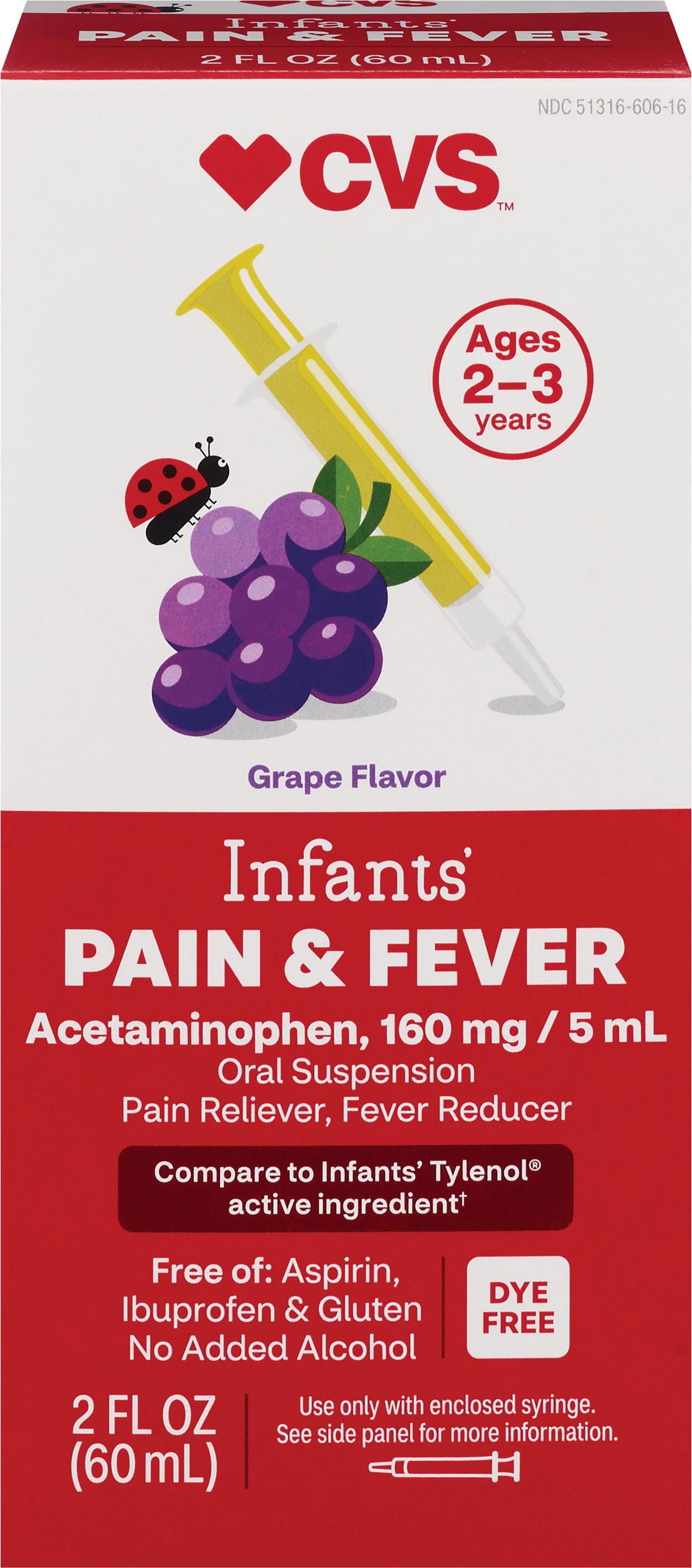 A box of CVS Grape Flavor Infant's Pain & Fever Acetaminophen, 160 mg/ 5 ml Oral Suspension Pain Reliever Fever Reducer.