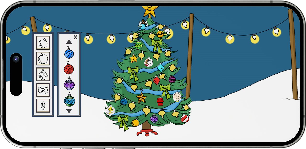 A cellphone wtih an illustration of a decorated christmas tree at a tree lot on the Peanuts Digital Advent Calendar 2025 webiste at americangreetings.com