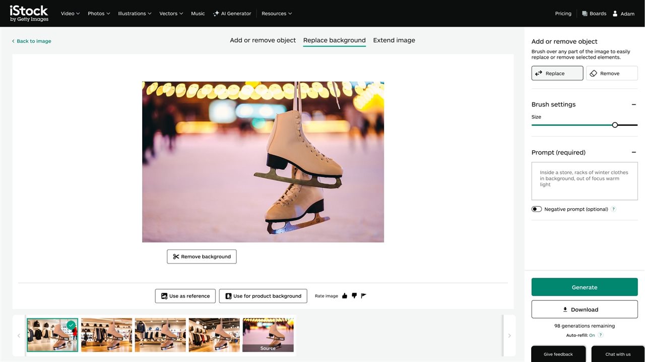 A screen shot of iStock's AI suite used to modify an existing image of a pair of skates to remove the background.