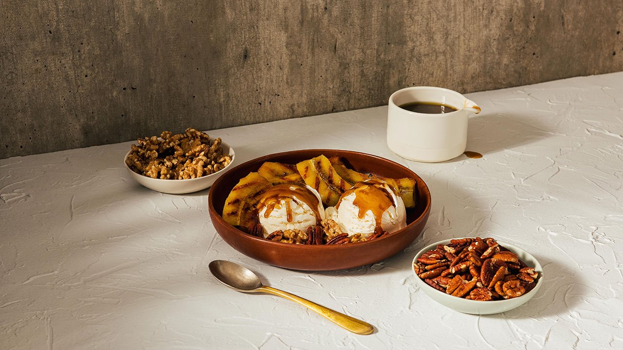 Grilled Banana Sundae with pecans and walnuts
