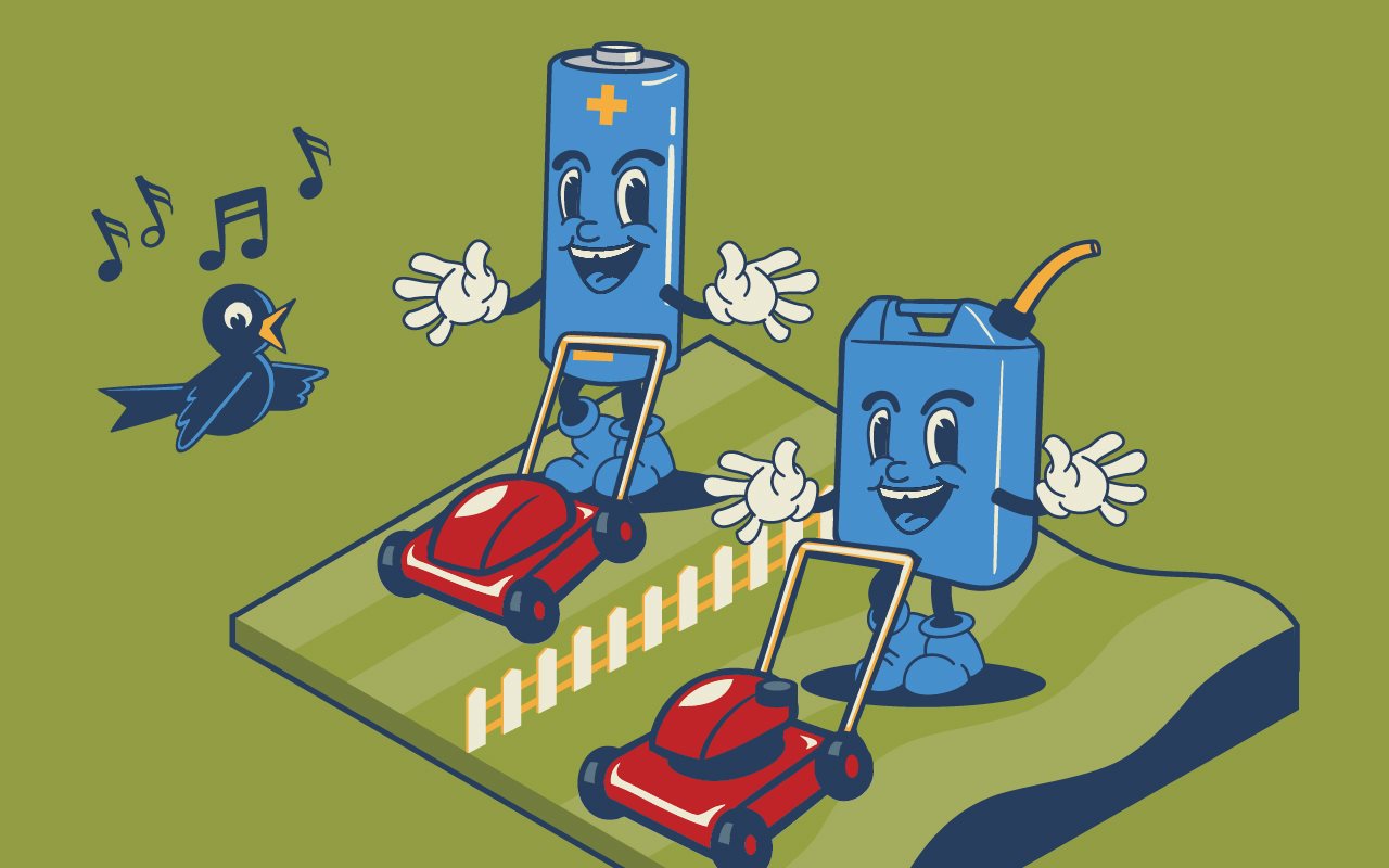 Illustration of neighbors mowing their lawns; One with a batttery opperated mower on a flat lawn and one with a gas powered mower on a lawn with more challenging terrain.