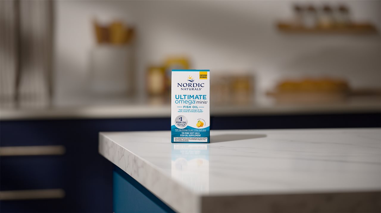 Package of Ultimiate Omenga Minis on a island counter in the kitchen.