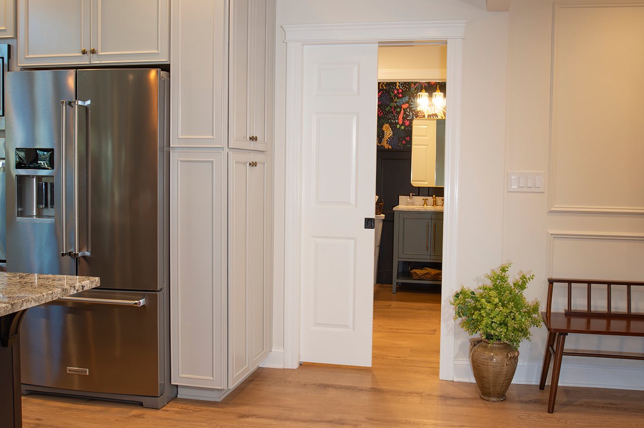 Pocket door between the kitchen and dining area