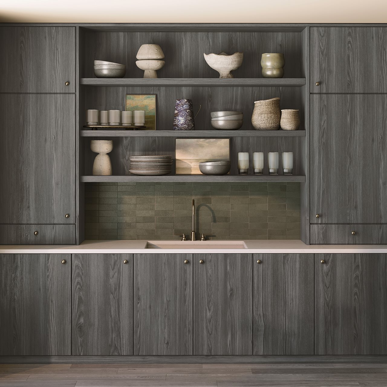 Deep tone  LUJO<sup><sup><sup>&reg;</sup></sup></sup> TFL from Wilsonart adds wood-inspired finishes and luxury matte textures to cabinetry and wall panels in this retro kitchen.