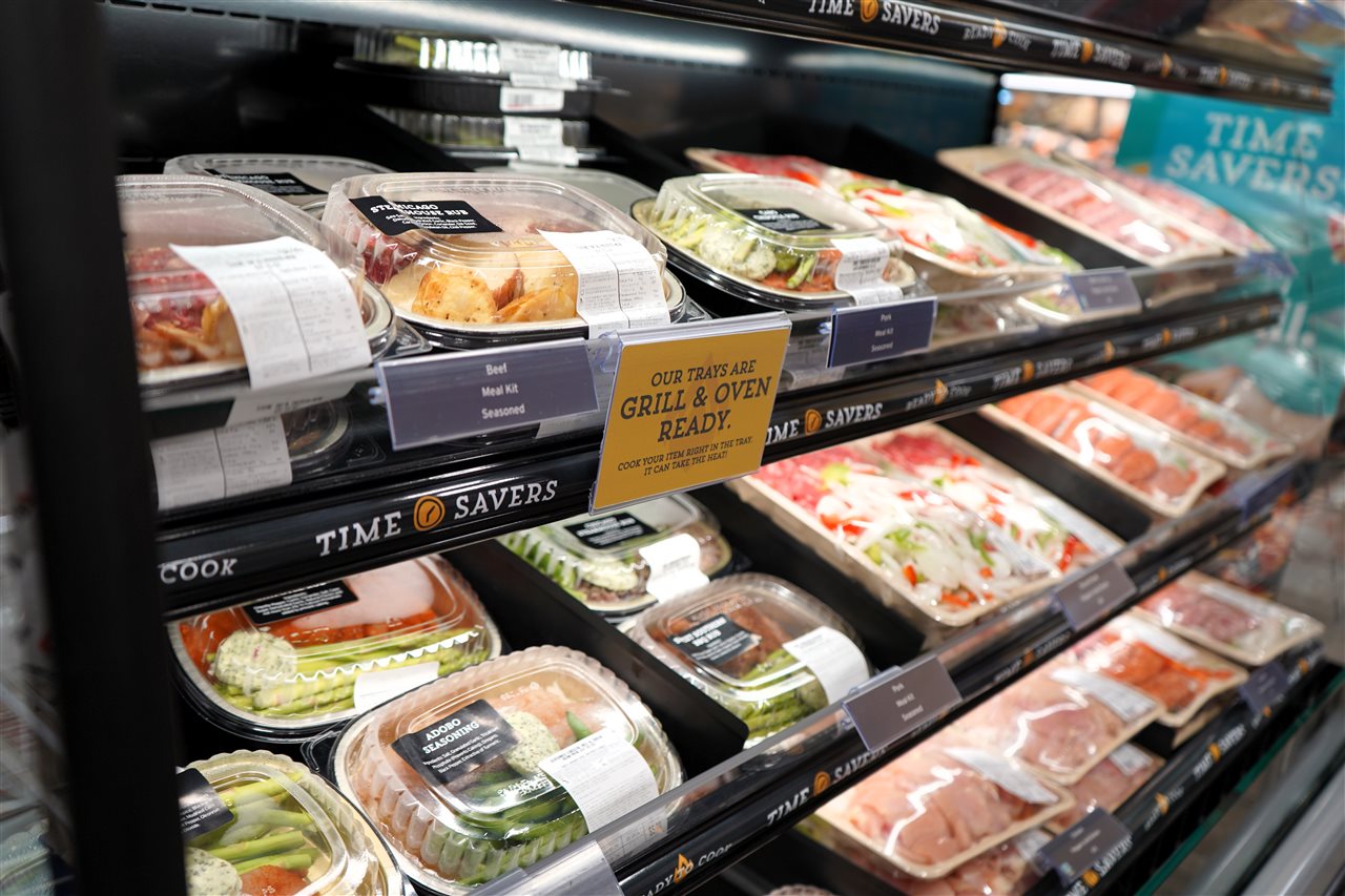 Prepared food in a refrigerated case in a Hannaford Supermarket.