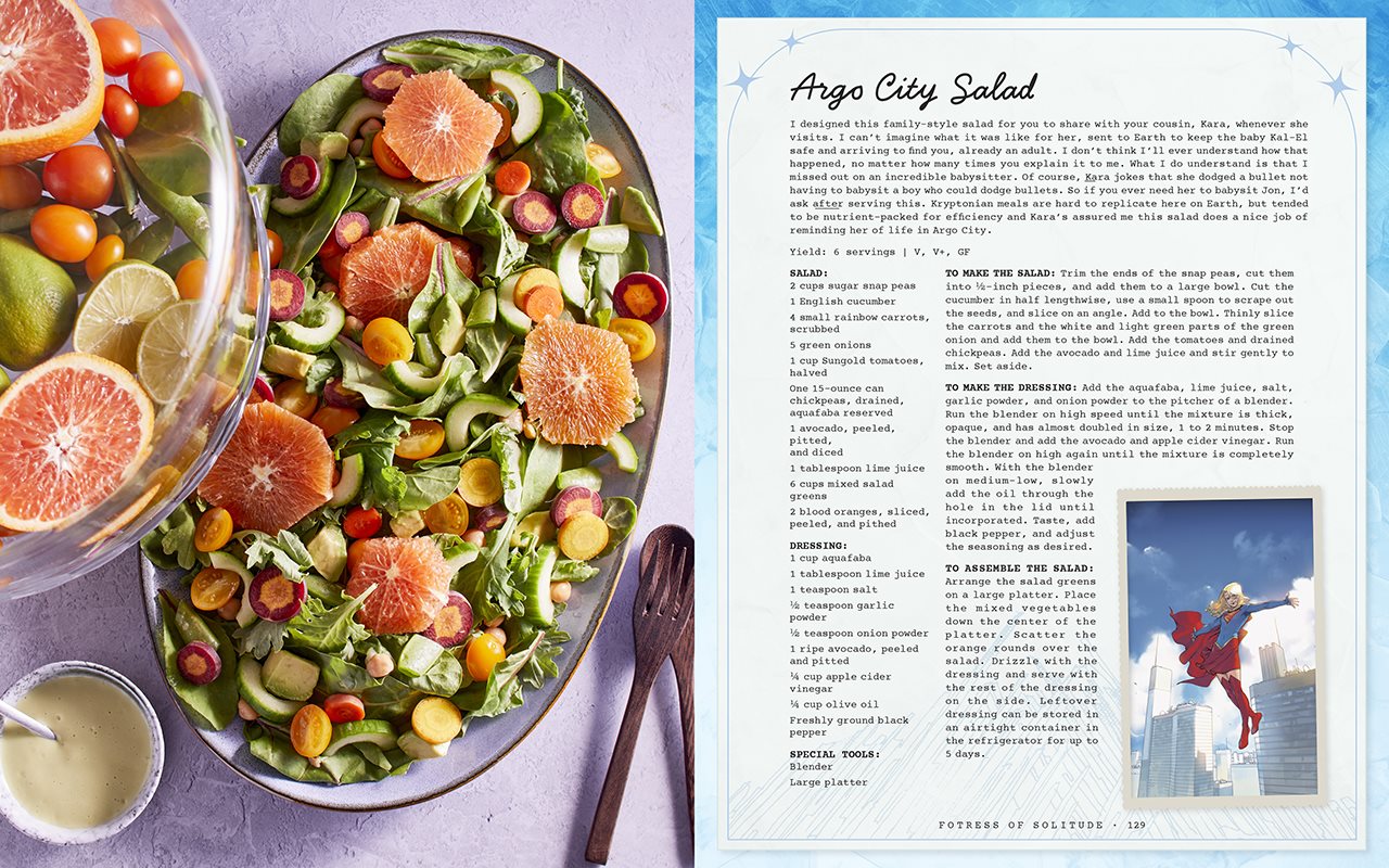 photo and page from a recipe book for Argo City Salad