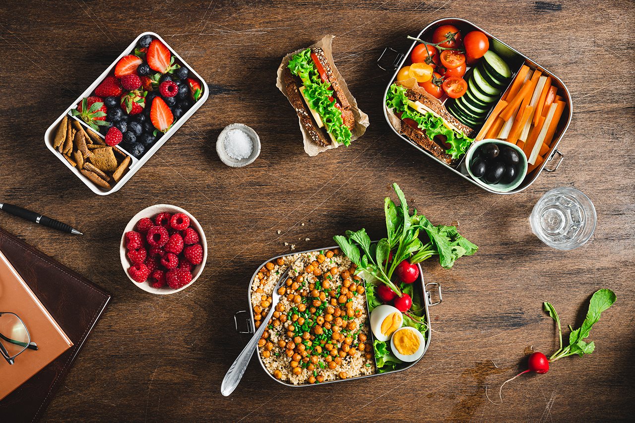 Varity of fruits, vegetables, protein and carbs