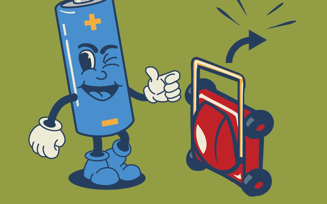 Illustration of a personified battery winking and give a thumbs up next to an battery powered lawn mow that is folded up for stogage.