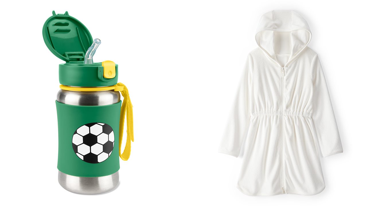 Soccer water bottle and white terry robe