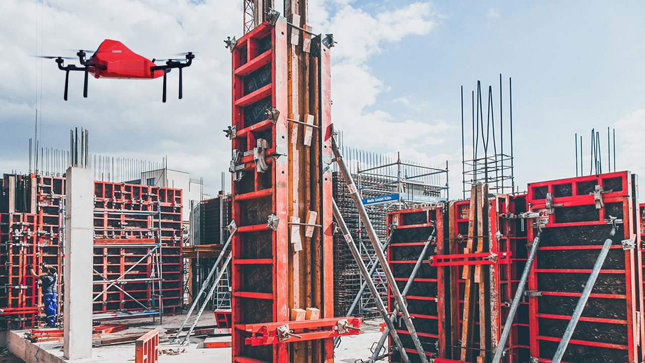 Drone as a service drone flying over construction site.