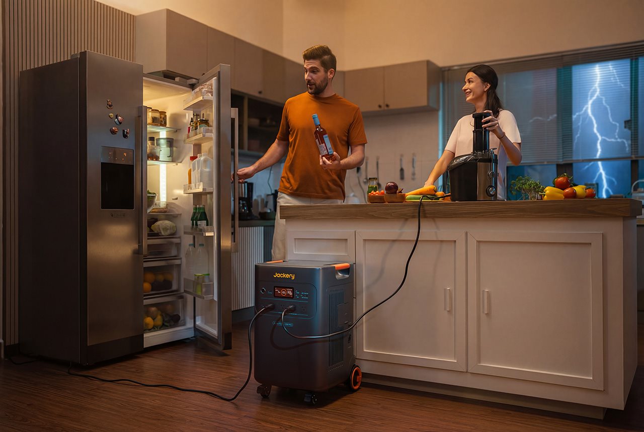 As lightning flashes in the window behind them, a couple marvels at their refrigerator still running after a power outage with the aid of their Jackery generator.