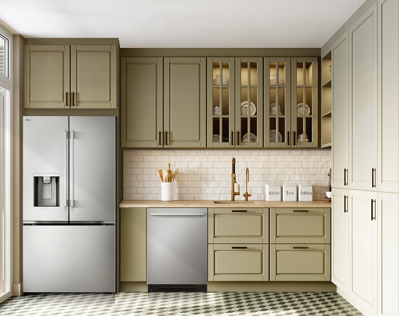 LG's Smart FlushFit™ Top Control Dishwasher with 1-Hour Wash & Dry, QuadWash<sup><sup>®</sup></sup> Pro, TrueSteam<sup><sup>®</sup></sup> and Dynamic Heat Dry™ w/AutoVent Dry™ in kitchen with sage green cabinets, white subway tiled back splash and geometric patterned tile flooring.