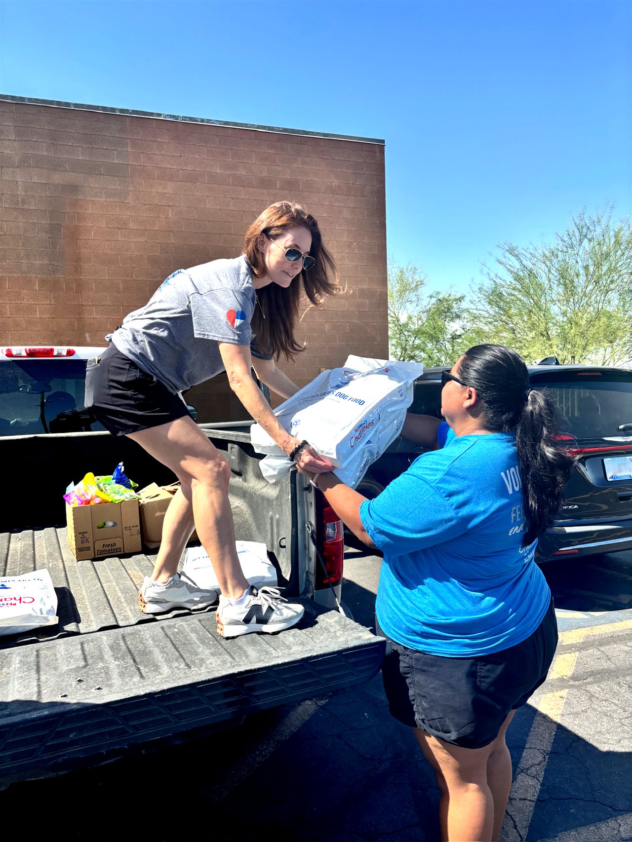 A woman hands a bag of pet food to another woman out of the back of a truck.