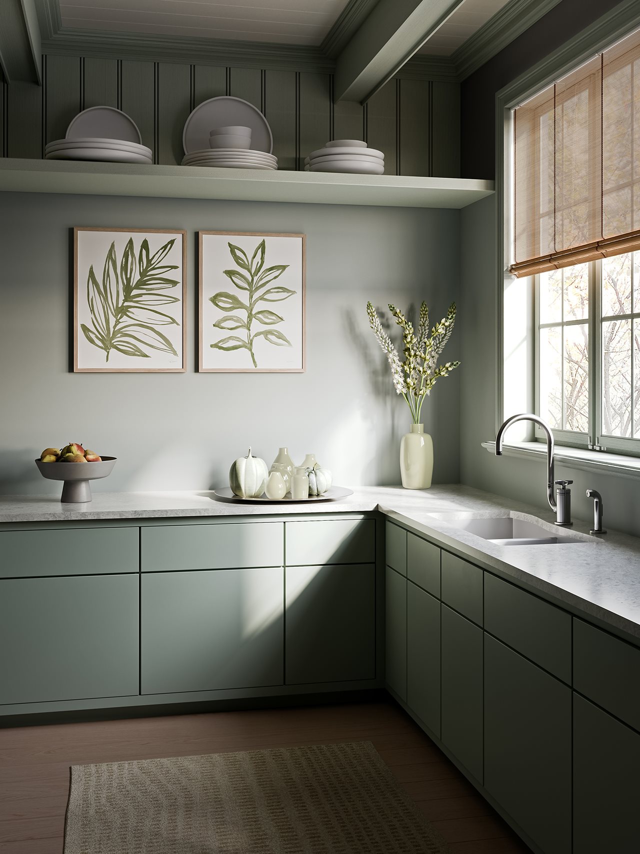 Modern-style kitchen with jewel-toned pantries, tucked-away bars, and clever storage nooks shine with Traceless&trade; by Wilsonart.