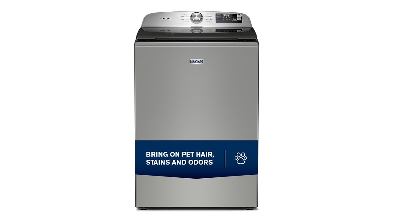 The Maytag<sup><sup><sup><sup><sup><sup><sup>®</sup></sup></sup></sup></sup></sup></sup> 5.2 Cu. Ft. Pet Pro Top Load Agitator Washer, bring on pet hair, stains and odors.