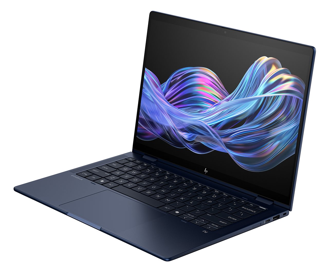 Black laptop open with screen saver running