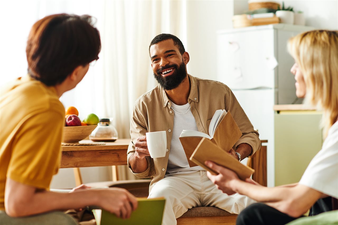 Friends with coffee having book club.