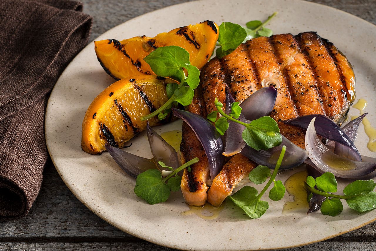 Grilled Salmon with Red Onions and grilled oranges.