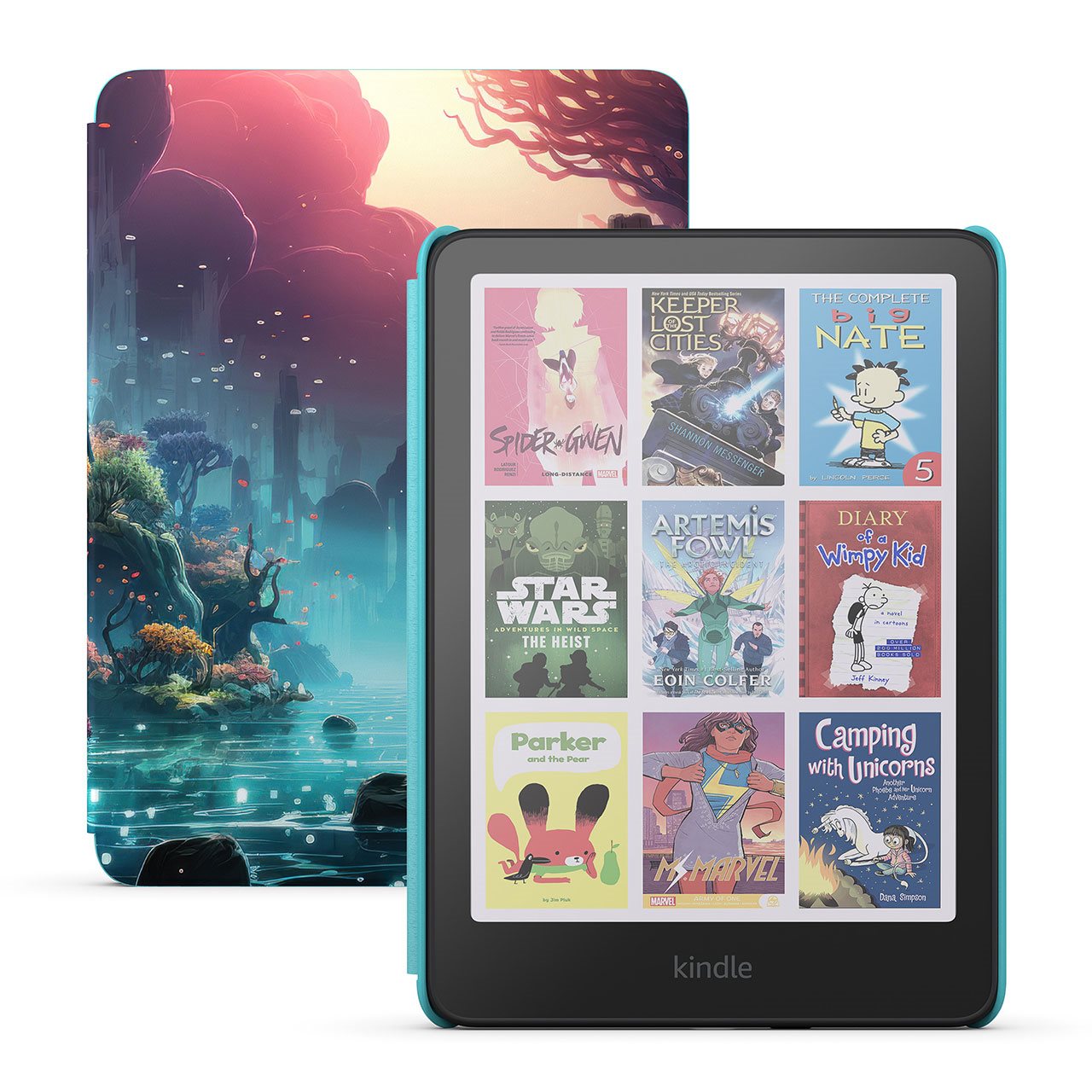 Kindle device closed and open to show options for a variety of books to read.