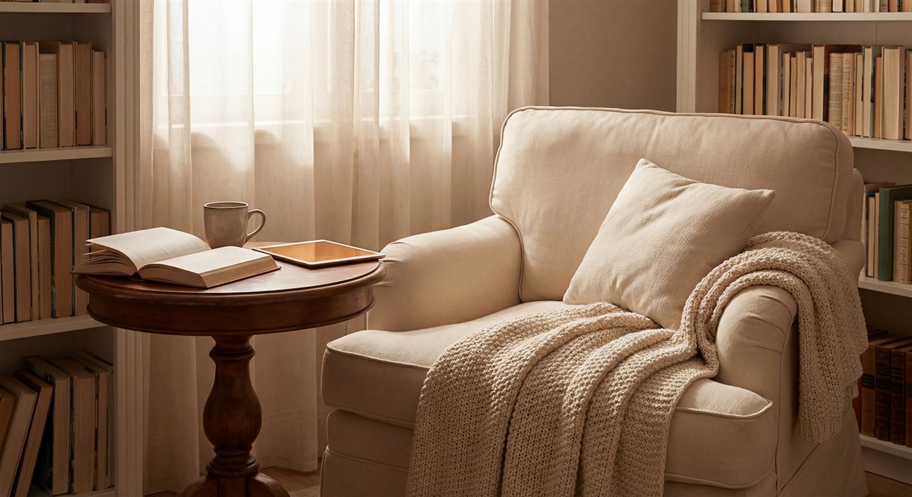 Chair near window and table with book, coffee cup and tablet.