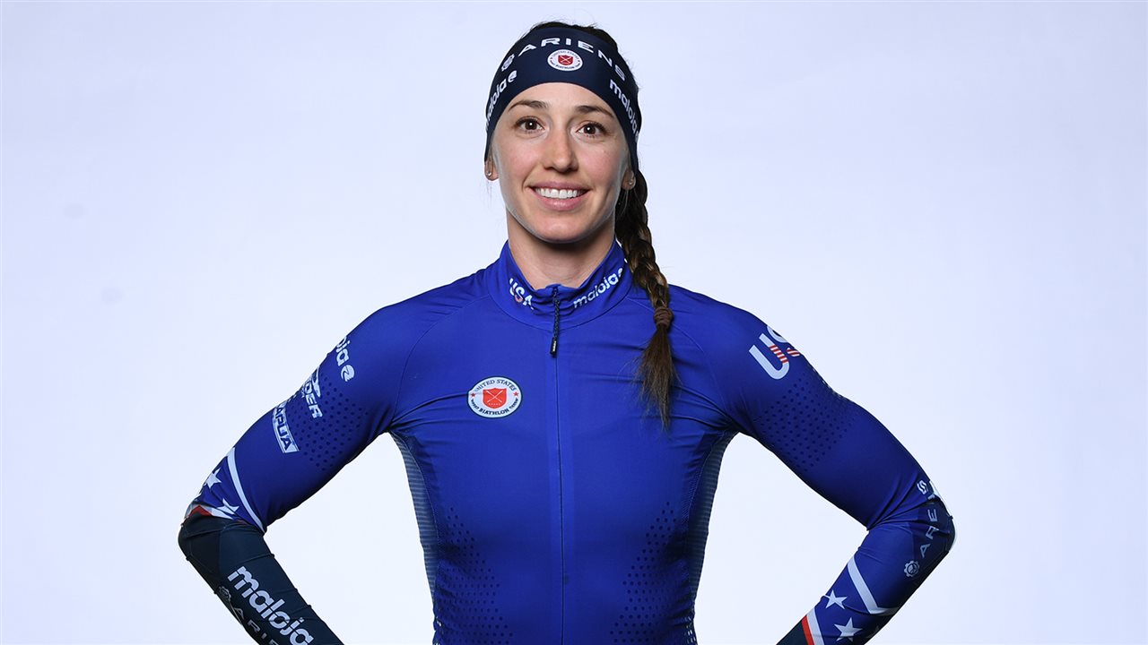 Staff Sgt. Deedra Irwin, wearing competition uniform, hopes to bring the United States its first medal in biathlon, after a historic seventh place finish in 2022 in Beijing.