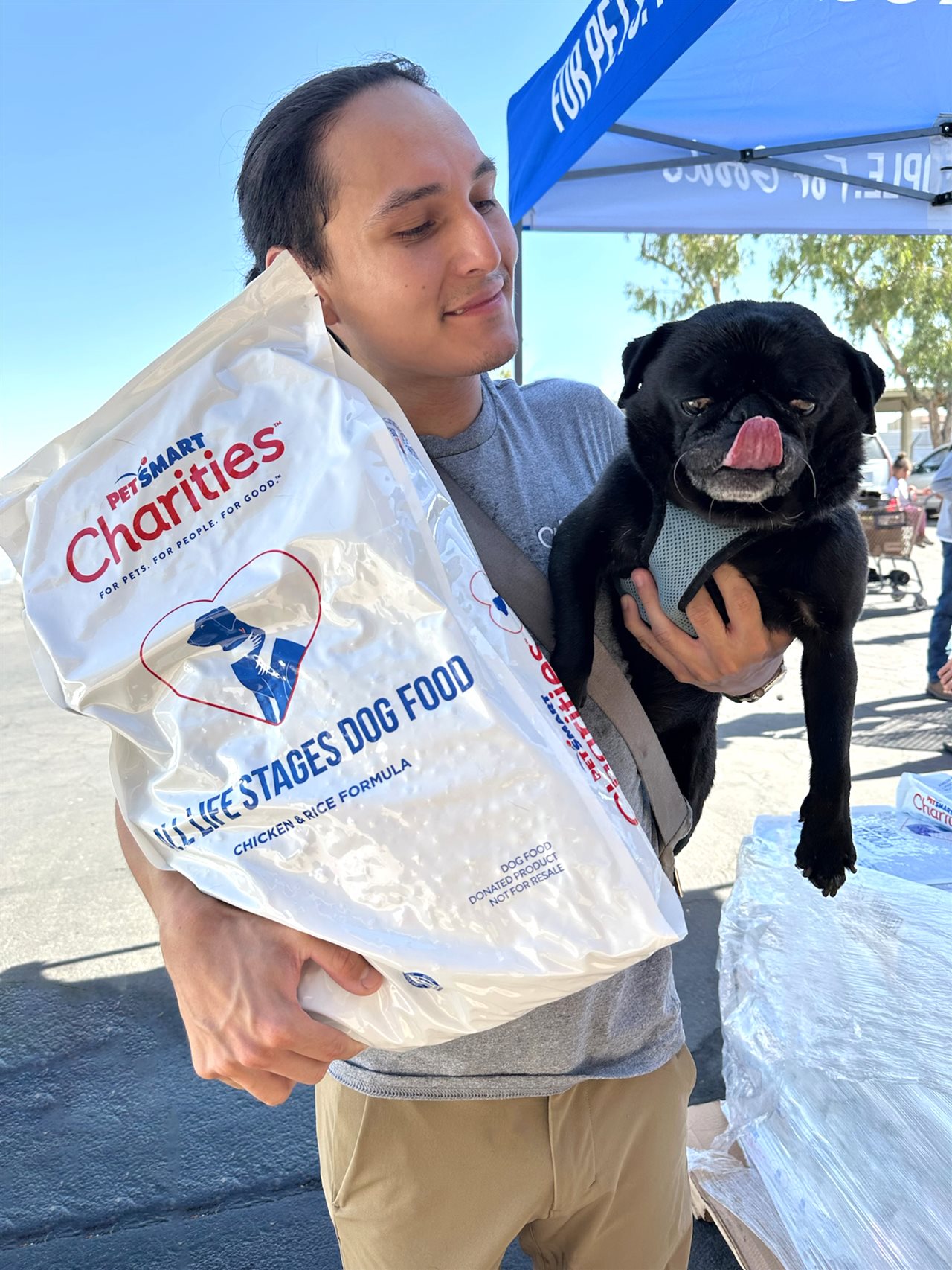 A man holds a bag of pet food in one hand, and a black pug in the other hand.