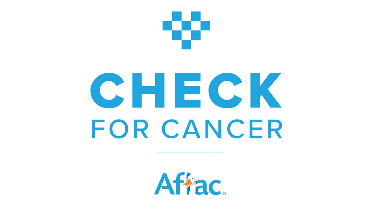 Un gráfico con forma de corazón azul y tipo que dice <<Check for Cancer>> con el logotipo de Aflac.