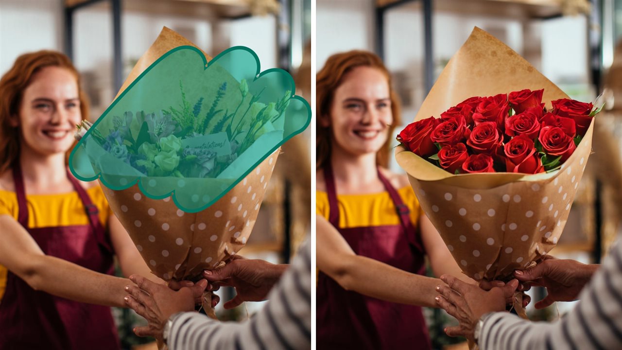 Two exact images of a girl handing her mother a bouquet of flowers, but first image has Spring flowers and the second image has red roses..