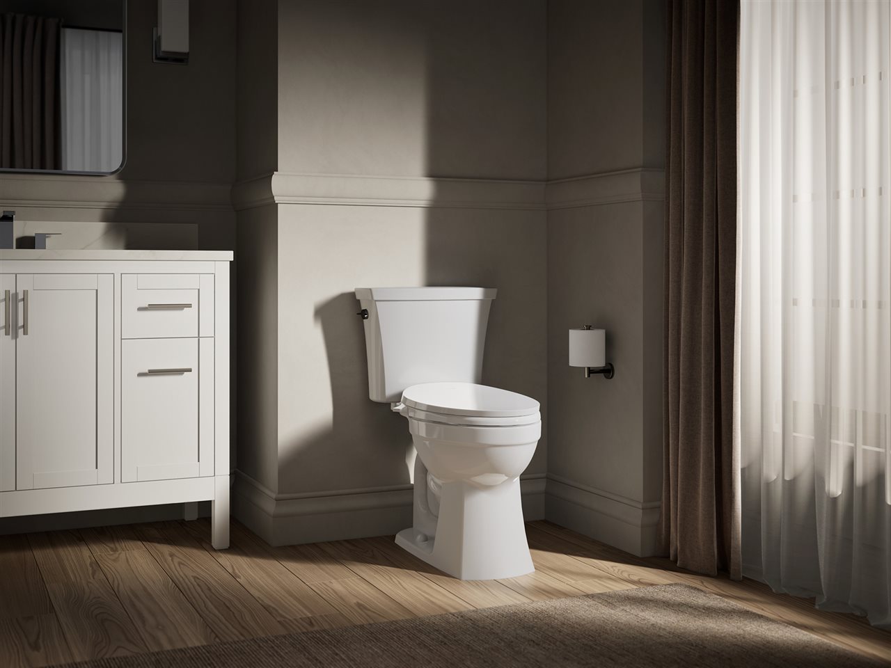 Upscale bathroom with sleek KOHLER<sup><sup><sup><sup>®</sup></sup></sup></sup> PureWash M300 bidet toilet seat that is easy-to-install to your existing toilet and includes a dual-spray wand for front and rear cleansing.