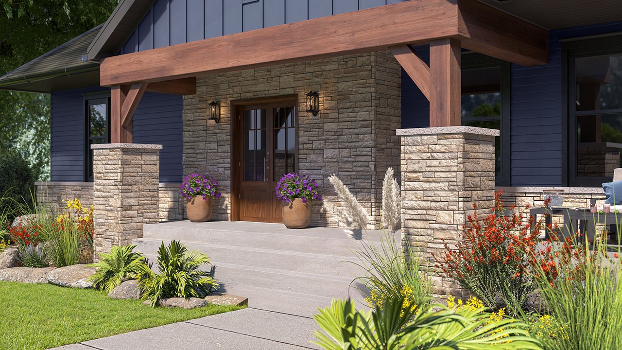 Concrete and stone front porch on craftsman style home with dark blue vertical siding and garden view