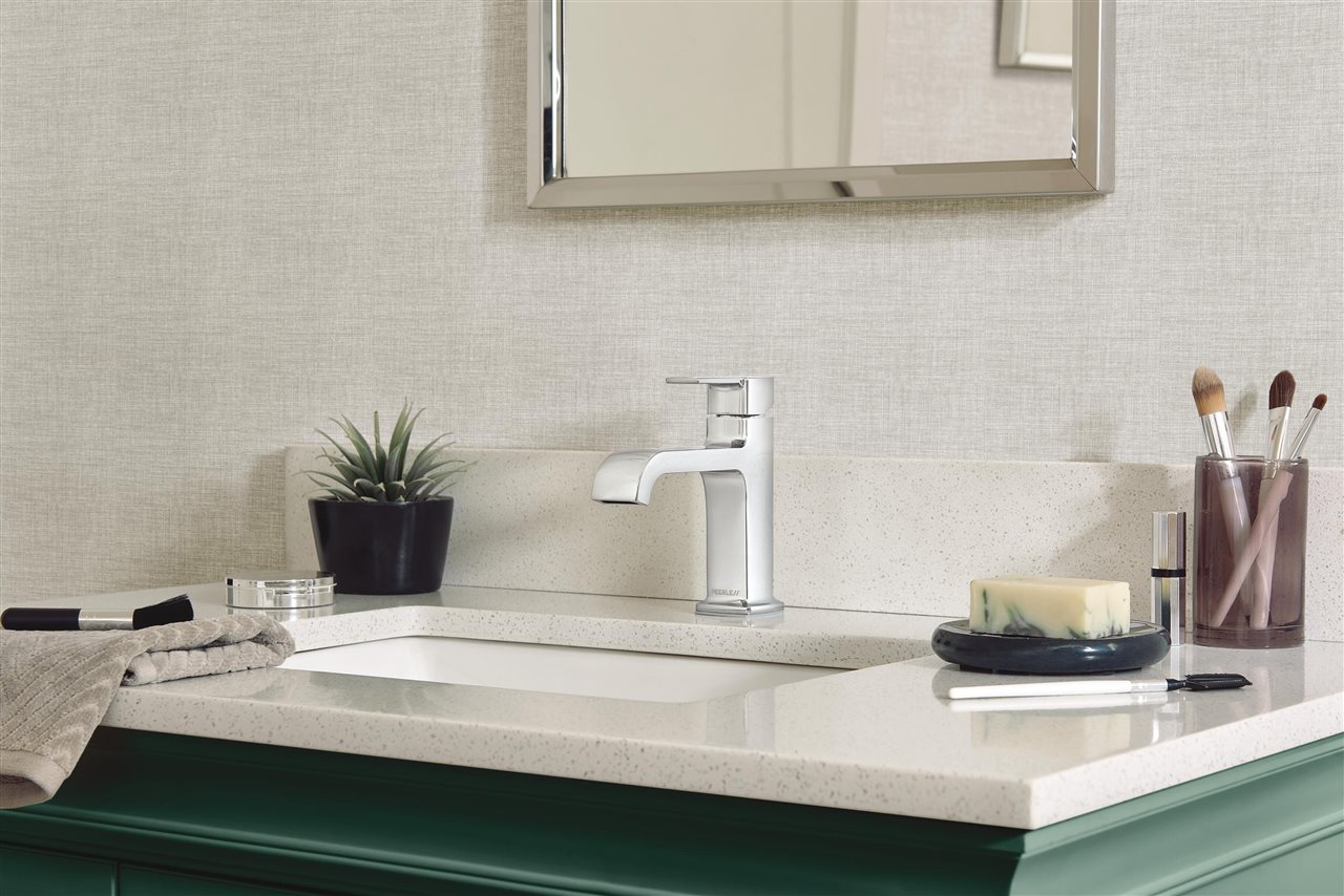 Faucet and sink from the Ezra Bathroom Collection by Peerless.