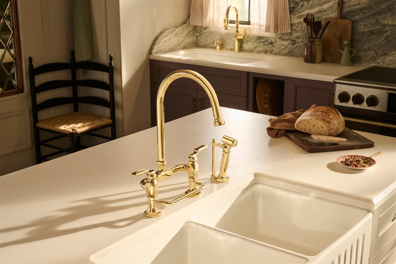 Brizo<sup><sup>®</sup></sup> Faircroft™ Kitchen Collection Widespread Kitchen Faucet With Arc Spout and Side Sprayer in Unlacquered Brass