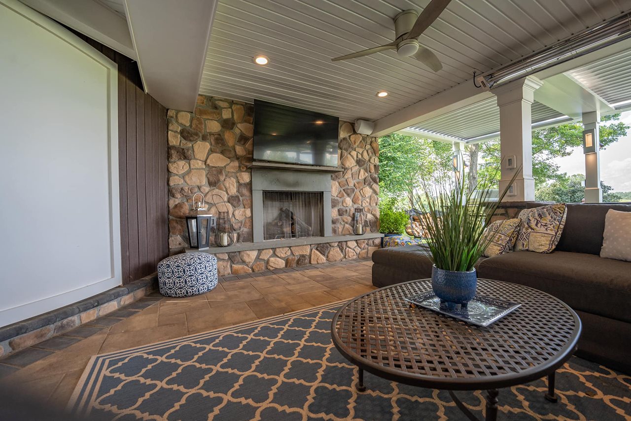 Under desk living space with living room, fire place and TV