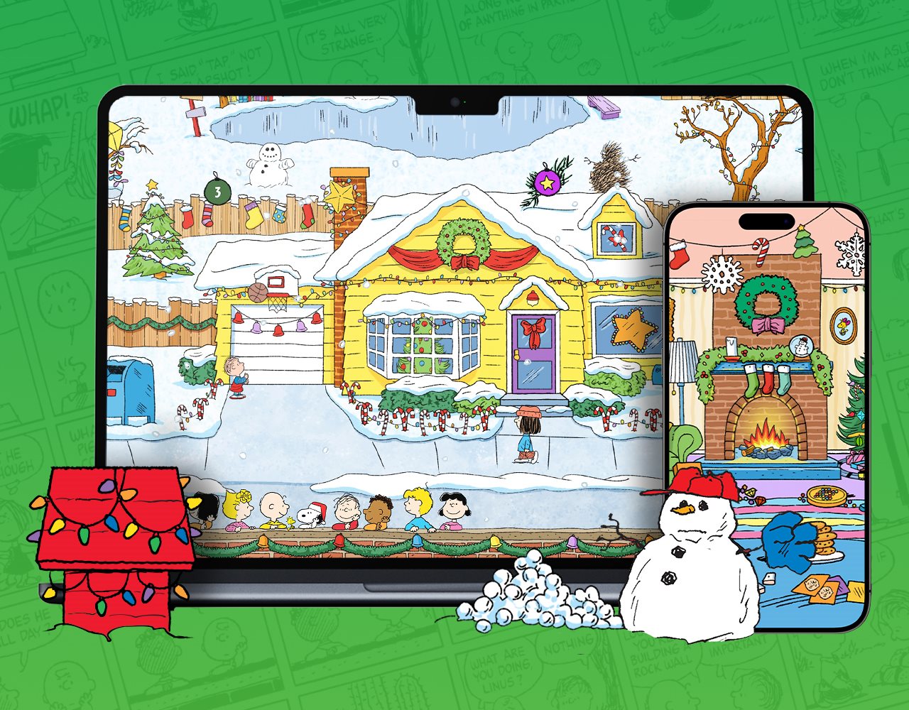 Computer tablet and cellphone with illustrations from the Peanutes Digital Advent Calendar 2025 site at americangreetings.com .