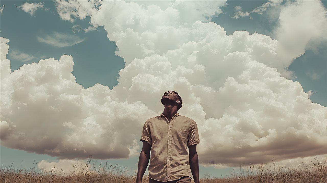 Man outside with a cloud behind him tilting his head up with his eyes closed.