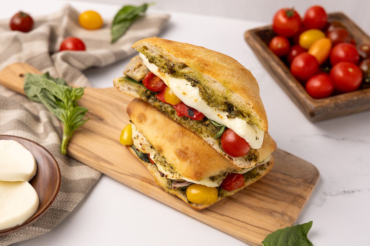 Roasted cherry tomato sandwich with Galbani cheese.