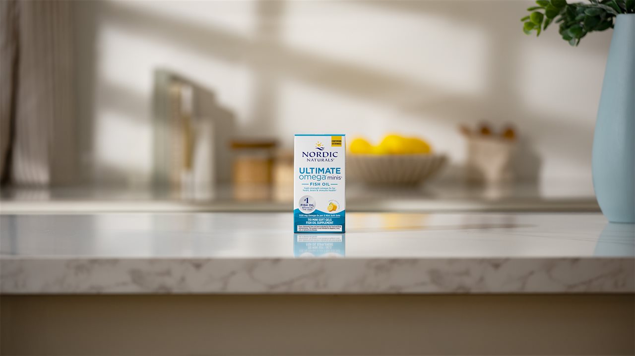 Package of Ultimate Omega Minis on a narble counter in upscale home.